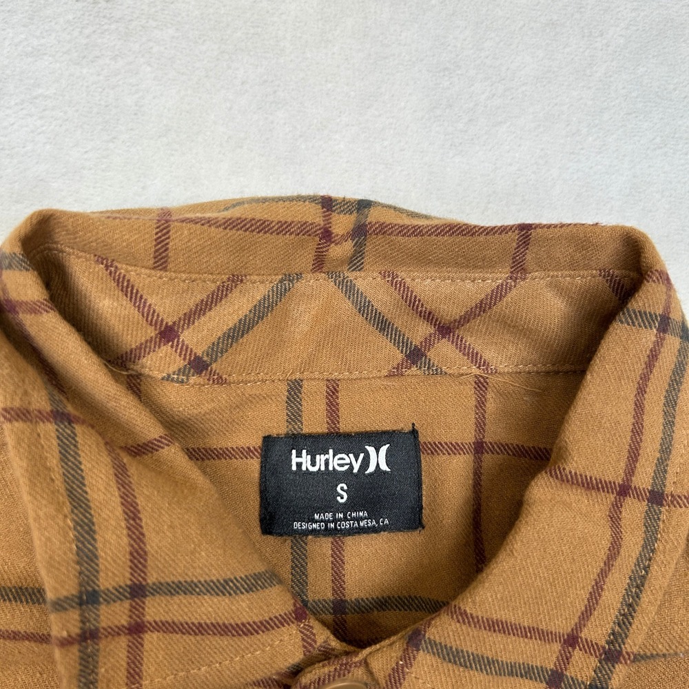 Hurley Organic Flannel Shirt Mens Small Brown Plaid Button‎ Up Long Sleeve NEW - Picture 6 of 8
